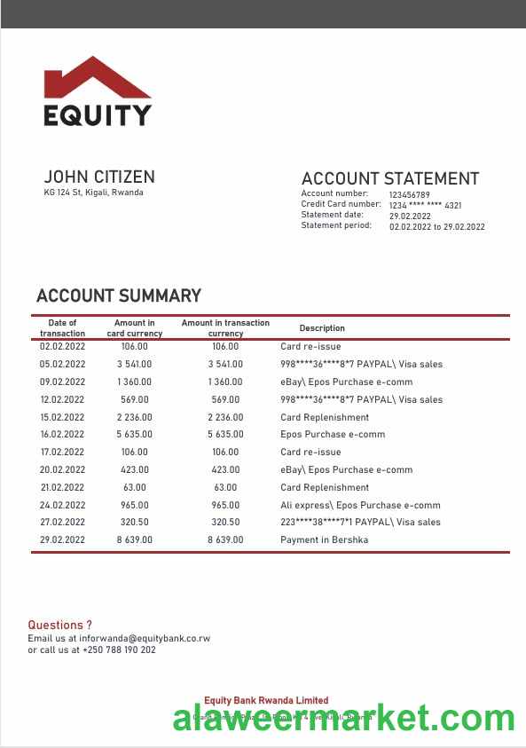 Rwanda Equity bank proof of address statement template in Word and PDF format